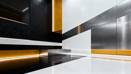 Sleek modern interior with glossy black, white, and metallic surfaces, accented by vibrant orange LED lights and sharp geometric lines