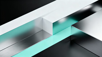 Abstract 3D geometric background art with intersecting metallic blocks in teal, silver, black, and white, reflective surfaces create a modern, futuristic illusion of depth and light