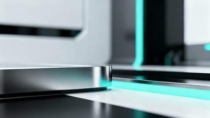 A sleek, metallic cylinder with glowing teal accents sits on a futuristic surface, reflecting modern design and high-tech innovation