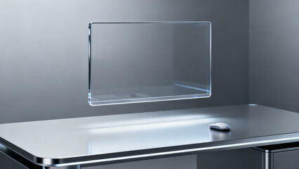 A minimalist modern desk with a sleek white computer mouse, transparent floating holographic monitor on a gray wall, clean and futuristic workspace