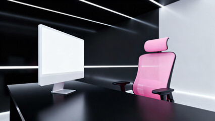 A sleek, modern office with a black desk, white monitor with copy space, and pink ergonomic chair, minimalist design with LED lighting and clean lines