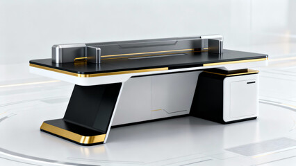 A futuristic, sleek desk with black, white, and gold accents, angular design, glossy surfaces, and high-tech aesthetic define this luxurious, modern office furniture