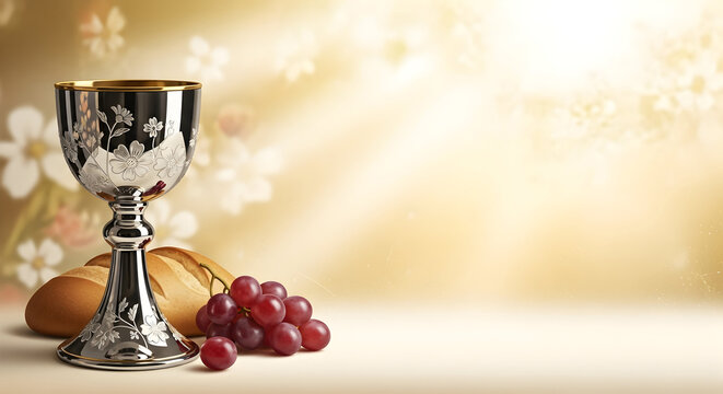Silver chalice with communion wine, grapes and bread on glowing bokeh background &ndash; elegant religious illustration for Eucharist, First Communion or Easter greeting card
