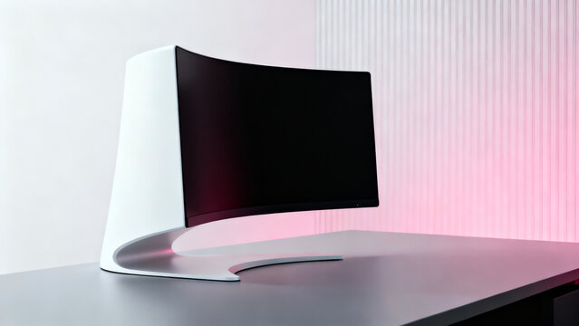 A sleek, curved ultrawide monitor with a white stand sits on a desk against a soft pink wall with vertical blinds, screen is off, reflecting a minimalist, modern workspace vibe