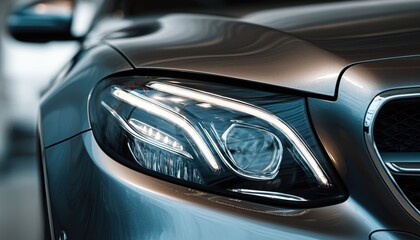 Fototapeta premium Close-Up Detail Of The Led Headlight Lamp On New Cars With Copy Space Available. Modern Car Headlighting In Focus. A Detailed Look.