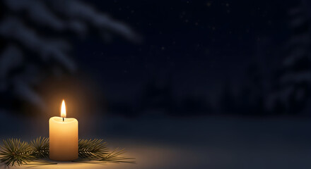 Single lit candle with pine branch on dark snowy night background – tranquil Christmas winter illustration with copy space for remembrance or holiday greeting