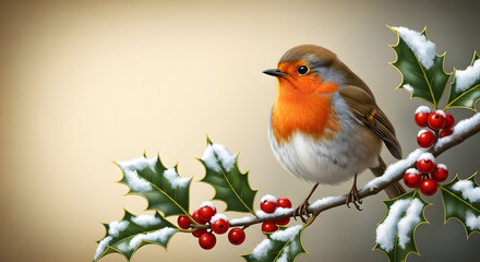 European robin perched on holly branch with bright red berries against warm gradient background – charming Christmas nature illustration for festive greeting card