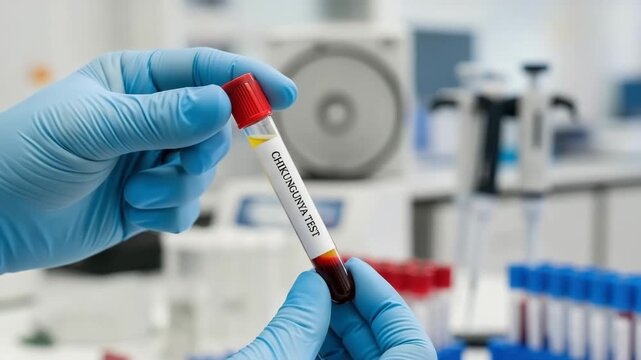Holding Cholesterol Test tube with red cap during laboratory examination, medical analysis. Cholesterol test preparation for diagnosis in health clinic.