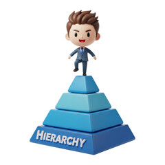 Business executive figurine ascends a stacked tiered structure with the word hierarchy displayed