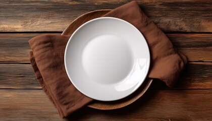 Top View Of White Plate With Brown Napkin On A Brown Rustic Table With Copy Space, Perfect For Laying Out.