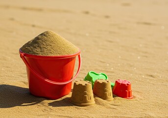 A vibrant plastic bucket overflowing with golden beach sand, perfect for building sandcastles during sunny summer vacation ,vibrant ,dry ,ground