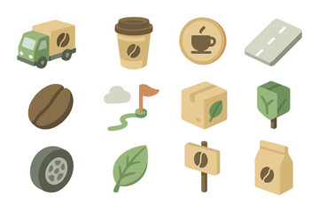 Isometric coffee delivery icons: diverse elements and coffee-related objects