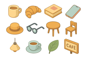 Cozy cafe essentials in isometric style featuring coffee, croissant, books, and more