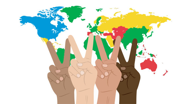 Four hands of different skin tones making peace signs in front of a colorful world map illustration on a white background.
