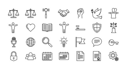A collection of simple outline line icons representing human rights, justice, law, equality, social activism, and freedom. This vector icon set includes symbols like scales of justice, a gavel