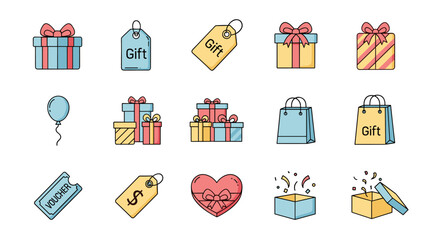 Set of flat design icons representing gifts, presents, shopping bags, balloons, vouchers, and price tags, suitable for web, apps, and print. This collection features editable strokes and a clean
