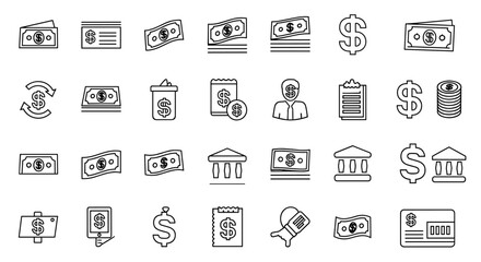 Finance and Money Thin Line Icons Set: A comprehensive collection of editable stroke icons representing various financial concepts including money, payment, business, profit, investment, and banking
