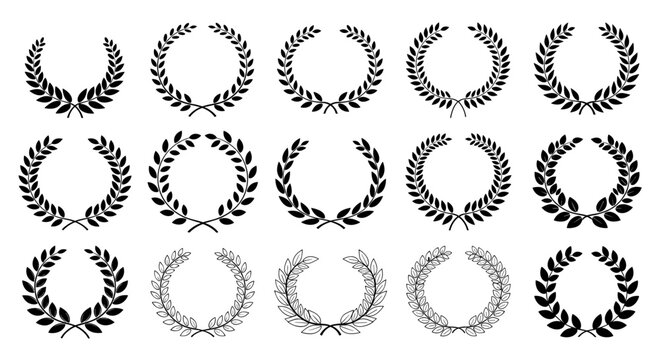 Collection of minimalist laurel wreaths and leaf branches in various styles, rendered in white on a black background, perfect for awards, badges, logos, certificates, and celebratory designs