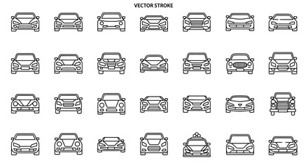 Collection of simple, isolated line icons of cars, perfect for graphics, designs, books, adverts, and apps. This editable stroke vector cartoon illustration features a variety of vehicle styles