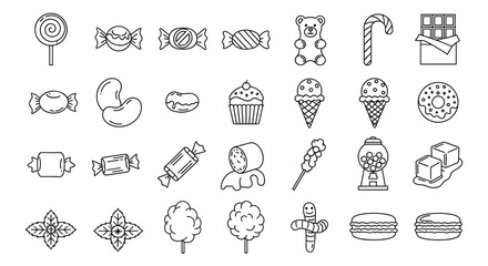 A delightful collection of outline icons representing various candies and sweet treats, perfect for adding a touch of sweetness to infographics, articles, books, flyers, and banners. This editable