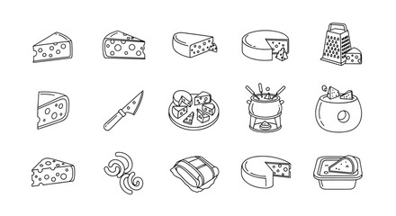 A collection of minimalistic line icons representing various types of cheese, cheese knives, graters, and fondue sets, perfect for web design, graphic applications, social media, and culinary themes