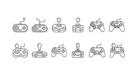 Collection of minimalistic line icons representing various joysticks and game controllers, featuring editable strokes and a clean, linear pictogram style perfect for digital design elements like