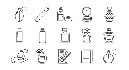 Collection of minimalistic linear icons representing various perfume bottles, atomizers, and cosmetic products, perfect for web, graphic design, apps, banners, social networks, and cards. This vector