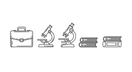 A minimalist collection of outline symbols representing a briefcase, microscope, and books, rendered with thin lines, perfect for apps, websites, banners, infographics, and various design projects