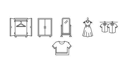 Minimalistic linear icon bundle showcasing a closet, wardrobe, mirror, dress, and t-shirt, featuring editable strokes and a clean, modern design perfect for cards, apps, banners, and social media