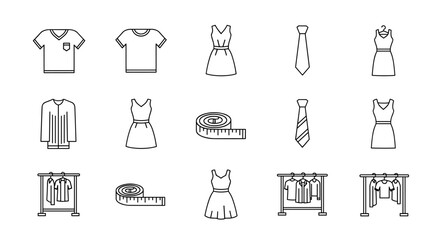Collection of sewing and garment-related line icons, editable stroke for design, websites, apps, cards. Contains linear images of t-shirt, dress, tie, measuring tape, and clothing rack, perfect for