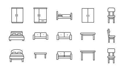 Collection of outline signs for wardrobe, bed, sofa, table, and chair, drawn with thin lines, perfect for apps, websites, banners, infographics, and various other design applications, offering a