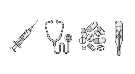 A vibrant collection of medical icons, including a syringe, stethoscope, pills, and thermometer, rendered in a clean, thin-line style perfect for digital applications, websites, banners, and