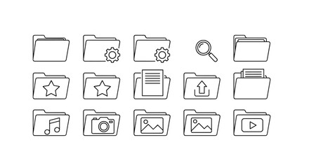 A collection of 12 minimalist line art icons representing various computer folders and related functions, presented on a clean white background. This bundle includes icons for general folders