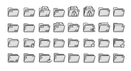 Modern outline style computer folder icons, perfect for design projects, cards, apps, and social networks. This ordered set features a clean, cartoon illustration style with a white background