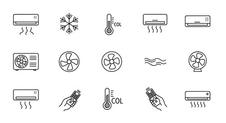 Collection of outline icons representing cooling and air conditioning systems, including split AC units, outdoor condensers, fans, thermometers, snowflakes, and remote controls, perfect for graphic