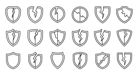 Collection of modern outline style cracked shield icons, representing vulnerability, damage, or broken security, perfect for design elements in apps, social networks, and cards, presented as a vector