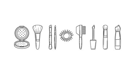 Minimalistic linear pictograms of cosmetic brushes and makeup items, including a powder compact, fan brush, eyeshadow brushes, mascara, and a brow brush, presented in a clean, modern vector cartoon