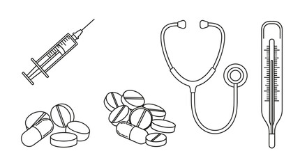 Collection of medical signs including a syringe, stethoscope, pills, and thermometer, hand-drawn with thin lines, perfect for apps, websites, banners, and infographics, representing healthcare and