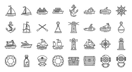 Collection of nautical and maritime line icons, featuring various ships, anchors, lighthouses, compasses, and diving helmets, presented as outline signs for graphic and web design, apps, adverts, and