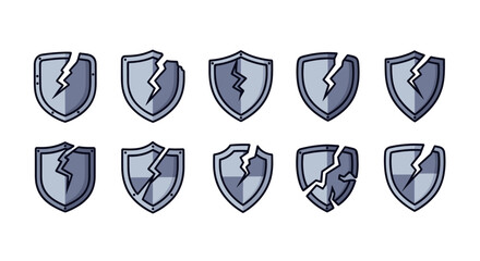 Collection of ten cracked shield icons in a vector cartoon illustration style, presented on a black background, representing concepts of broken security, vulnerability, and failed protection, ideal