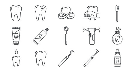 A comprehensive line icon bundle showcasing essential dentistry elements, including healthy and decayed teeth, dental floss, toothbrushes, toothpaste, dental tools like mirrors and drills, and