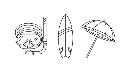 Vector line icon bundle featuring a diving mask with snorkel, a surfboard, and a beach umbrella, perfect for graphic and web design, apps, adverts, and various cards, offering a clean and modern