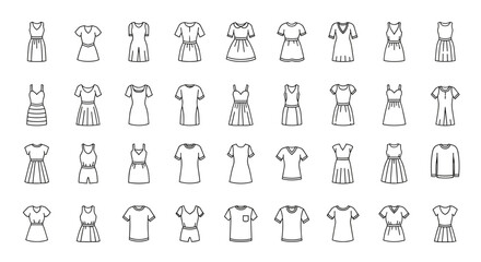 Diverse Collection of Fashionable Dresses and T-Shirts: A Comprehensive Bundle of Thin, Editable Stroke Icons, Perfect for Web Sites, Books, Cards, and Apps, Presented as a Vector Cartoon