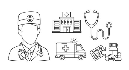 A clean and modern linear vector illustration depicting a collection of medical and healthcare symbols, including a doctor, hospital, stethoscope, ambulance, and drugs, all rendered with a thin