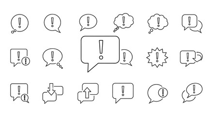 Collection of line art icons featuring exclamation marks within various speech bubble shapes, symbolizing alerts, warnings, and important notifications. Ideal for digital and print media, including