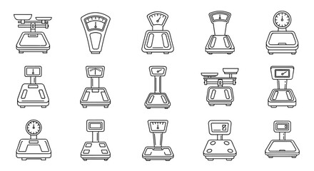 Collection of fifteen thin line icons representing various floor scales, including mechanical and digital models, presented as outline signs for graphic and web design, apps, advertisements, and