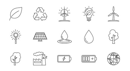 Set of environmental icons in a simple line art style, perfect for business and ecological themes. Includes leaf, recycle symbol, wind turbine, lightbulb, solar panel, water drop, tree, factory