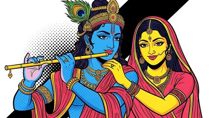 Intricate Mughal Miniature Digital Painting of Radha Krishna: Divine Love and Vrindavan Serenity