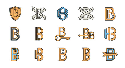 Collection of stylized letter B logos and icons, featuring a variety of modern and classic designs, including shield, ribbon, hexagonal, key, and arrow motifs, perfect for branding and graphic design