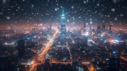 Fototapeta premium Smart City at Night with Christmas Decorations City skyline lit with festive colors and holographic snowflakes falling — blending futuristic and cozy vibes.